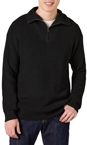 Amazon Essentials Pull en Tricot côtelé, Coupe décontractée, col zippé Homme, Noir, L