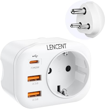 LENCENT Reseadapter Sverige/EU till Indien, Typ D Travel Adapter | Snabb Laddning Plug med 2 USB QC3.0 + 1 Typ-C PD 20W, Socket Adapter Strömadapter för Sri Lanka, Indien, Nepal Uttag