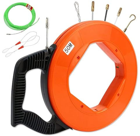 Guia Pasacables, 50m 4,5mm Guia Pasacables Profesional Guia Cables Espiral Guía Pasacables con Guia Cables con 2 Muelles Guía y 5 Conectores Ayuda de Extracción de Cables para Tirar de Cable