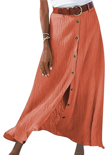 OMZIN Femmes Bouton Bas Flowy Haute Taille Maxi A-Ligne Boho Coton Lin Jupes