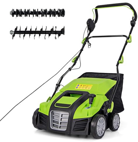 GOPLUS Escarificador Eléctrico, Cortacésped de Empuje con Ajuste de Profundidad de 5 Posiciones, Bolsa de Recolección Desmontable 55 L, Rastrillo Eléctrico Plegable para Cuidado del Césped (Verde)