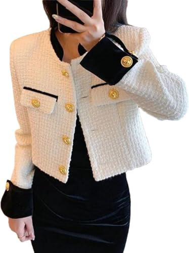 Hecatombic Giacca da Donna in Tweed con Colletto in Piedi Sottile impiombata Monopetto Tinta Unita Giacca Corta Autunno Casual Giacca in Tweed con Bottoni (Bianco,M)