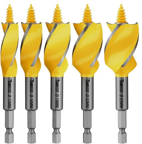 5 x SabreCut SCAG001 100mm Long (12mm, 16mm, 19mm, 22mm & 25mm) Wood Auger Tri Flute Self Feed Tip Grooved Hex Shank Drill Bit for High Speed Drilling in Wood and MDF