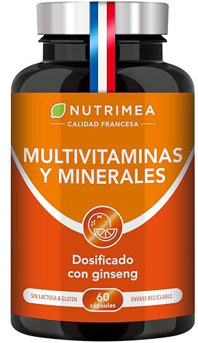 Multivitaminas y Minerales - Fórmula única con Ginseng - Vitaminas B1, B3, B6, B9, B12, C, D3, Hierro y Calcio - Energía Vitalidad- Fabricado en Francia - Nutrimea