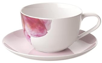 Villeroy & Boch Rose Garden Tasse à cappuccino avec soucoupe, 300 ml, service à café au lait avec décor floral pour 1 personne, passe au lave-vaisselle, porcelaine de qualité supérieure, rose