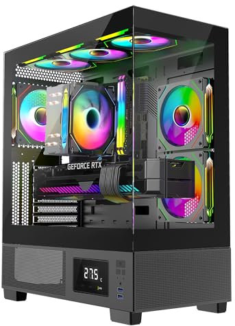 IONZ KZ-V PC Gaming case - ATX - Tempered Glass, LED Temperature Display, includes 3 x120 mm ARGB PWM Fans, Black - Midi Aether
