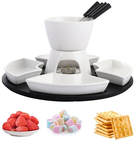 LDHHYH Ceramic Chocolate Fondue Set, Cheese Fondue Sets with 4 Forks and 4 Dishes, 300ml Butter Warmer Set, Tea Light Candle Fondue Pot for Home Dessert Party Sharing