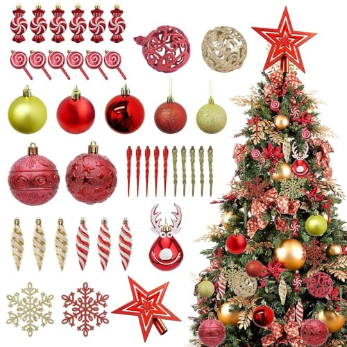 Set di 130 Palline di Natale, Accessori Decorativi per L'Albero di Natale, Addobbi Natalizie in Rosso e Oro, Diverse Forme di Palline ed Un Puntale per Albero di Natale