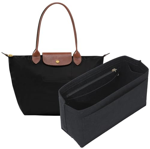 OAikor Lighweight Purse Organizer Insert for Longchamp Le Pliage M Tote Bag, Premium Felt Long Champ Medium Tote Divider with Cup Holder,Bags Storage Shaper with 8 Deepened Pockets,M/Black