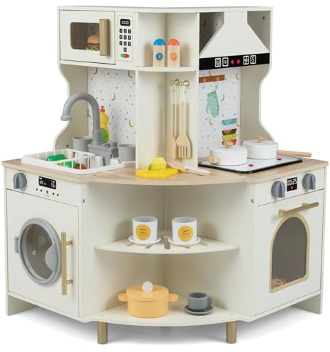 Maxmass Kids Corner Kitchen, Children Role Play Kitchen with Sound, Light, Working Faucet, Sink, Dishwasher, Utensils, Toddler Toy Kitchen Pretend Cooking Playset for 3+ Years Old Boys Girls