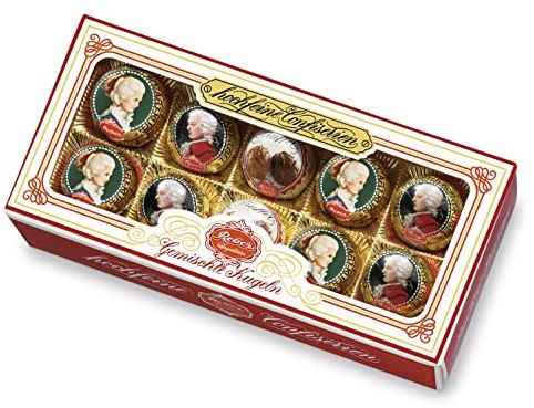 Reber Gemischte Kugeln Packung, 10er Packung, Gemischte Kugeln aus Zartbitter- Alpenmich- Schokolade und Trüffel-Füllung, Gefüllt mit Pistazien-Marzipan, Mandeln und Haselnuss-Nougat, 200g (10 Stück)