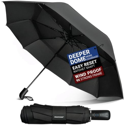 Prostorm Vented Travel Umbrella | Strong Compact Windproof Umbrella | Deep Dome Coverage | Automatic Open/Close | Portable Pop Up with Large Coverage | Fits Car & Backpack (Black)