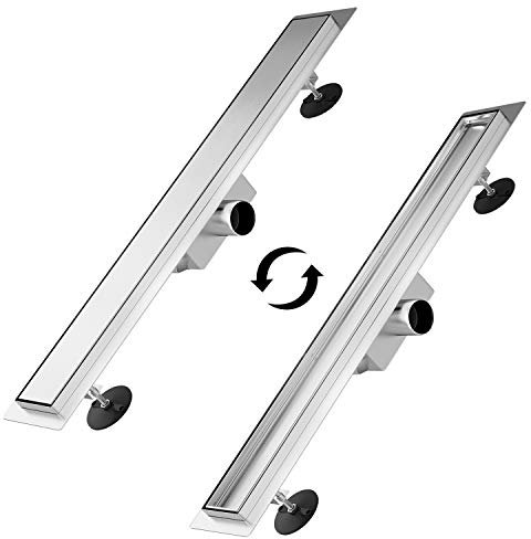 SONNI Caniveau de douche double face - 140 cm - Drain de sol plat - Avec arrêt des odeurs et tamis à cheveux - Drain de bord en acier inoxydable 2 en 1 - Kit complet avec fixation au sol