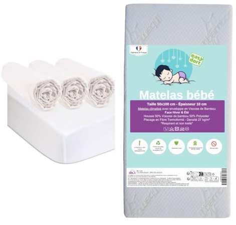 Easy Dort Matelas 50x100 / 50 x 100 cm Berceau Vintage Lit Bébé + 3 Draps Housse Coton + 2 Alèses Coton | Kit Complet lit bébé | Certifié Oeko-Tex | Fabrication France & UE