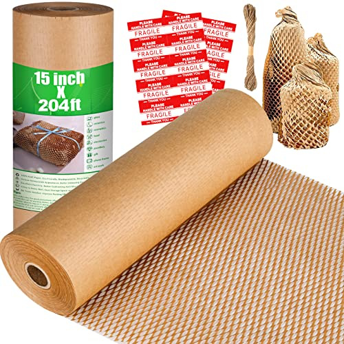 Honeycomb Packing Paper, 204' x 15 Recyclable Cushion Packing Paper for Moving Shipping Packaging Breakables, Eco Friendly Bubble Wrap Alternative Roll Kraft Honeycomb Paper with 20 Fragile Stickers