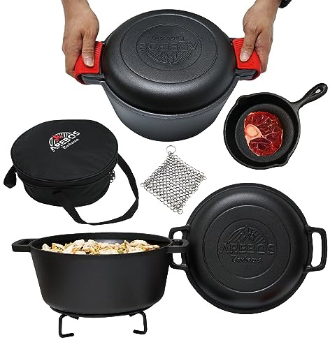 Arebos Dutch Oven Set 2-en-1 | Casserole en fonte 4,8 L & poêle 1,8 L | Cocotte BBQ & poêle à frire | Couvercle utilisable comme | Cuisine feu, four & barbecue