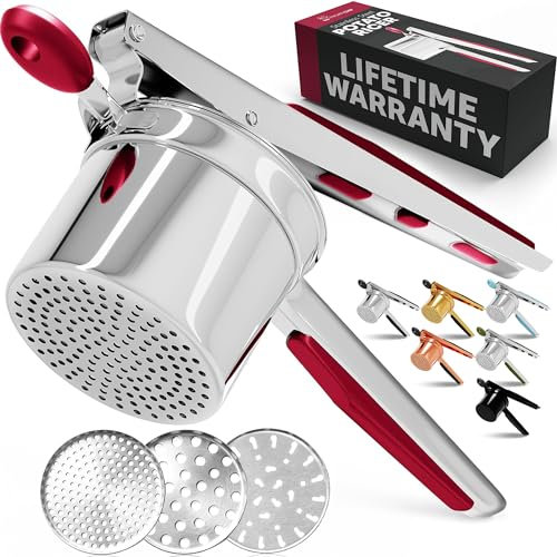 PriorityChef Große Kartoffelpresse mit 3 Scheiben, robuste Edelstahl-Kartoffelpresse für Kartoffelpüree, Kartoffelstampfer, Presse und Presse, Küchenwerkzeug, Rot
