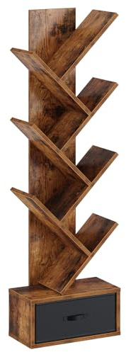 Rolanstar 7 Tier Bookshelf with Drawer, Tree Bookshelf, Small Bookshelves with Storage Rack for CDs/Movies/Books, Standing Book Shelf, Tall Narrow Bookcase for Living Room, Bedroom, Rustic Brown