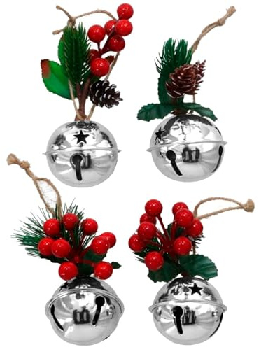 Tradineur - Pack de 4 Cascabeles Colgantes con Piñas - Fabricado en Plástico - Decoración navideña - Ø 6 cm - Color Plata - Modelo Aleatorio