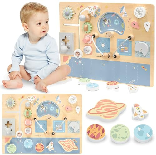 mamabrum Busy Board - Pannello Sensoriale Bambini Montessori in MDF 40 x 30 x 4 cm - Tema Spazio con Ruote, Pulsanti e Labirinto - Giocattolo Educativo per Bambini 18+ Mesi