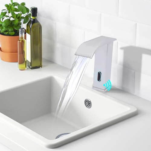 Robinet à capteur pour salle de bain et cuisine, mitigeur de lavabo en acier inoxydable sans contact avec contrôle de la température pour lavabo (argent)