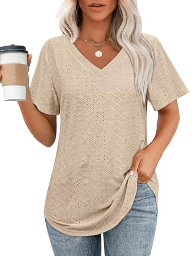 OFEEFAN Going Out Tops for Women Trendy Loose Fit V Neck Curved Hem Long T Shirts Plus Size Short Sleeve Ladies Tops and Blouses 2026 Teacher Outfits for Women Clothes Beige 3XL