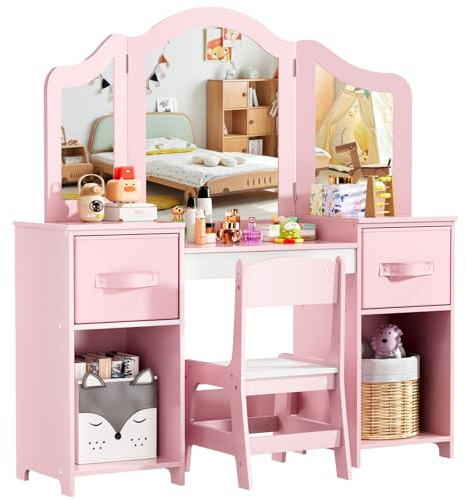 MAMIZO Toeletta Trucco Bambina 2 in 1, Toeletta per Bambini con Specchio Rimovibile, Sgabello, 2PCS Cassetto in Tessuto, Postazione Trucco, Scrivania per Bambi, 108x30x114 cm, Rosa-Bianco