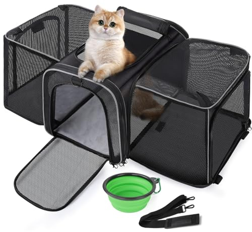Pecute Sac de Transport Extensible Extra Large pour Animal Domestique - Sac de Transport Pliable en Maille Respirante - Sac de Transport pour Chiens et Chats - avec bandoulière et gamelle - Noir