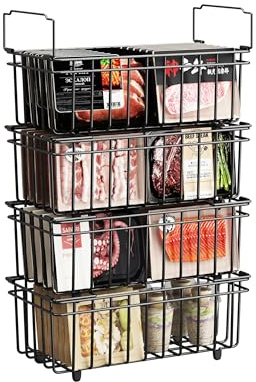 UMDONX 4 Pack Chest Freezer Baskets Organiser - Stackable Kitchen Storage Boxes for 198L Deep, with Fold down Handle, Pantry Wire Shelf Bins Frozen Goods Sort, Durable Metal Black