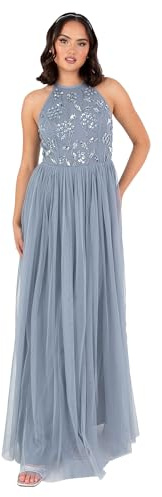 Maya Deluxe Dam maxiklänning dam halterneck ärmlös blommig sequin broderad tyll A-linje brudklänning med bollben, puderblå 42, Dammig blå, 36