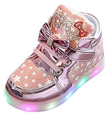Girls Light Up Shoes Bow Star Printed High Top Toddler Glitter Sneakers Sequins Casual Soft Flat Sole Little Kid Flashing Trainers Lightweight Boot Outdoor (Pink, 6 Infant)