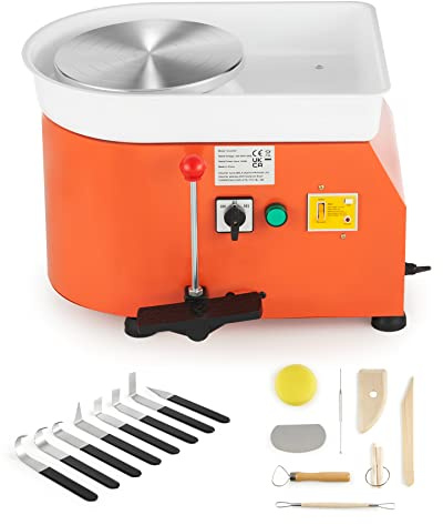 CREWORKS Roue de Poterie 25cm 350W Tour de Potier Électrique Professionnel avec Bassin ABS Amovible Vitesse Réglable 0-300 TR/Min Contrôle par Manette et Pédale pour DIY Enfants Adultes, Orange