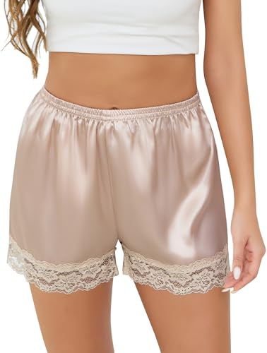 Vlazom Women's Pettipants Slip Shorts - Satin Lace Trim Anti-Chafing Boyshorts for Dresses,Seamless Full Coverage Underwear,Nude,Size Large
