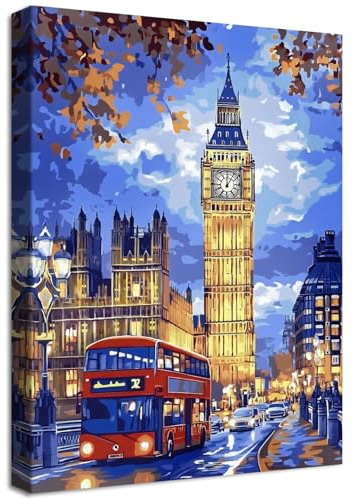 Wooden Framed Canvas Wall Art London City Big Ben Red Bus View Painting on Canvas Prints Poster Blue Yellow Red Pictures for Living Room Bedroom Home Office Hallway Corridor Wall Decor 30x40cm