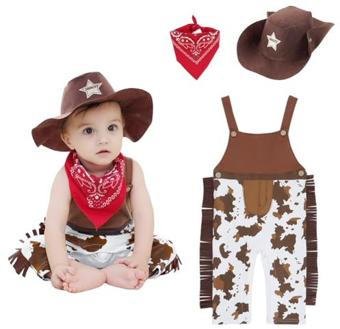 Vicloon Cowboy kostym, kläder, utklädnad med bandana, röd och hatt, cowboykostym barn, västerländska outfitset, barnkostym, present för pojkar eller flickor