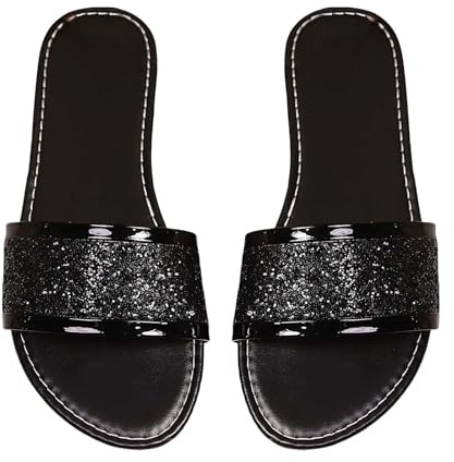Tofflor damer svart elegant, tofflor damer glitter tofflor tunn sula diamantsandaler glitter tofflor svart elegant lätta platta strandsandaler andas damskor, svart, 41 EU