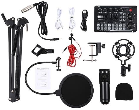 Kit de microphone à suspension professionnel avec carte son en direct, microphone à condensateur, support de bras de micro, support anti-chocs, pare-brise et pop pour la diffusion et l'enregistrement