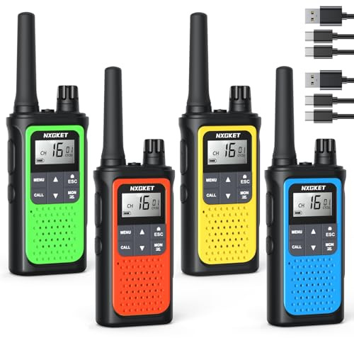 Walkie Talkie Profesional Recargable, NXGKET 4pcs PMR 446 Sin Licencia Radiocomunicación Largo Alcance con Batería Incorporada,16 Canales Radio LCD Pantalla y Luz LED para Camping