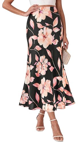 BTFBM Maxi Skirts for Women 2026 Summer Spring Lightweight A Line High Waisted Wedding Guest Party Silk Long Midi Skirt(Floral Black Pink, Small)