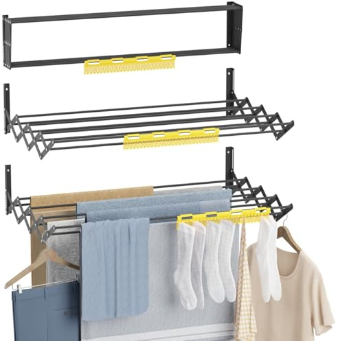 Newlux - Tendedero Extensible Pared Wall V80 (80x60x19cm) con Capacidad 9M/12KG y 8 Barras. Tendedero Pared Plegable 11 cm con Accesorio 27 Prendas Pequeñas. Interior/Exterior, Negro