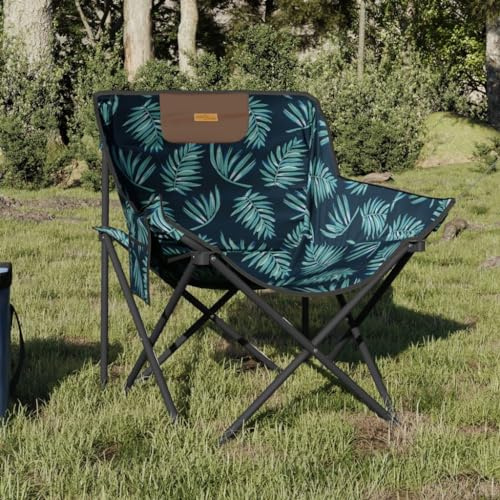 Drainlyn campingstolar 2 st. Vikbar med ficka, bladmönster, stålram, väderbeständig, 59 x 54 x 67 cm, utomhus, trädgårdsstol, balkongstol, terrassstol för camping och fritid