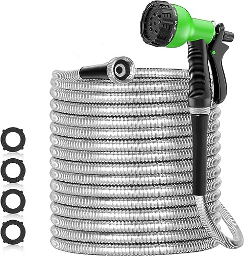 SPECILITE 75ft 304 Stainless Steel Garden Hose Metal, Heavy Duty Water Hoses with Nozzles for Yard, Outdoor - Flexible, Never Kink & Tangle, Puncture Resistant
