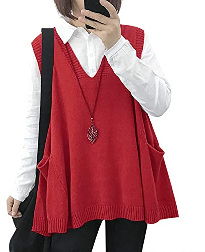 YESNO Women Loose Swing Chunky V-Neck Sweater Vests Oversized Knit Sleeveless Jumpers with Cute Drop Pockets 2XL WM9UK Red