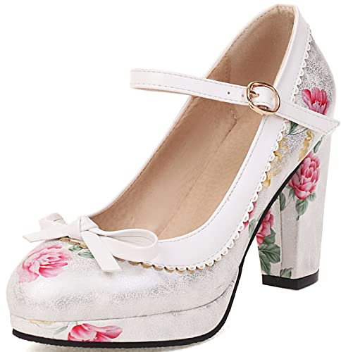 CUTEHEELS Women Elegant Floral Print Mary Janes with Block Heels