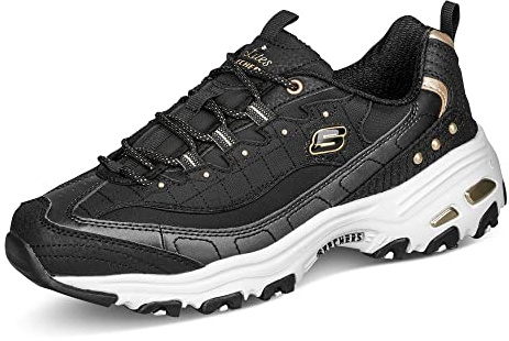 Skechers Women's D'Lites Ladies Night Sneaker, Black Duraleather/Gold Trim, 4 UK