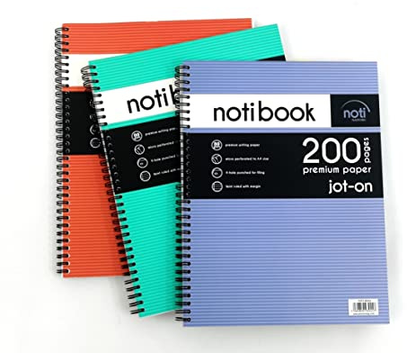 Noti A4 Jot-on Notebook Wirebound Ruled & Perforated, 200 Pages Assorted (Pack of 3)