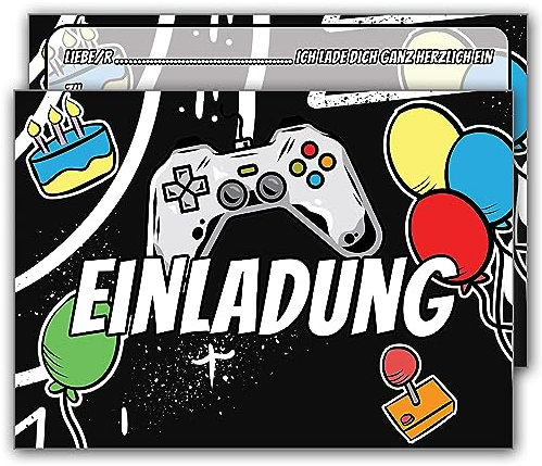 J&M DECO Einladungskarten Kindergeburtstag Gamer Motiv – 12 Stück A6 mit Umschlägen zum Ausfüllen | Geburtstagskarten Jungen & Mädchen | Gaming Geburtstag Einladungen | Premium Qualität