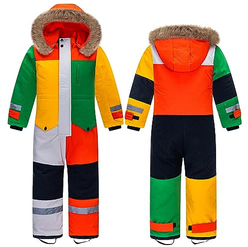 linboo Unisex Kinder Skioverall Wasserdicht Schneeanzug mit Kapuze Atmungsaktiv Schneeoverall Winddicht Skianzug für Jungen Mädchen Verdickt Warm Winteranzug, Farbe, 104-110