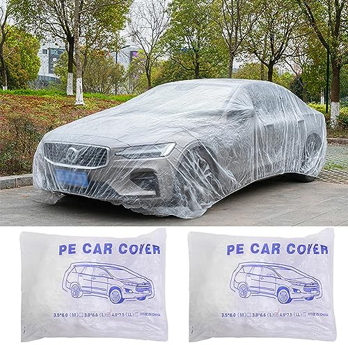 Kasmole 2 Pezzi Copriauto Telo per Auto Copertura Impermeabile Universale Monouso Plastica Trasparente USA E Getta Universale Copriauto Pioggia Polvere Copertura del Garage Deposito Temporaneo