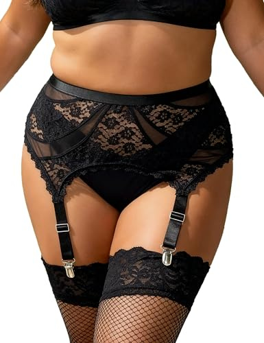comeondear Women Black Suspender Belt for Stockings, Plus Size Lace Garter Belt with 4 Wide Elastic Straps, Adjustable High Waist Mesh Lingerie Sets UK16-18